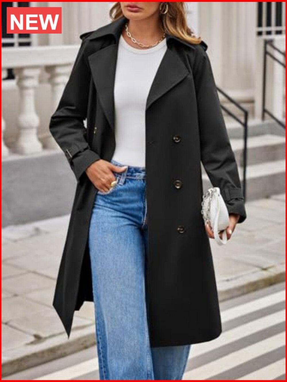Long Trench Coat Double Breasted Notch Lapel Lightweight Windproof Overcoat - Picture 2 of 6